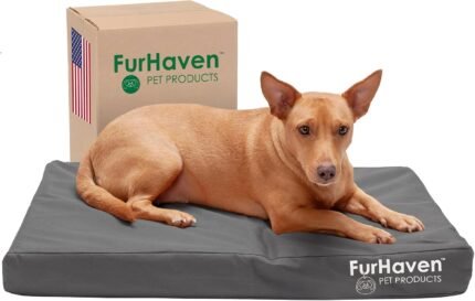 Furhaven Water-Resistant Orthopedic Dog Bed for Medium/Small Dogs w/ Removable Washable Cover, For Dogs Up to 35 lbs – Indoor/Outdoor Logo Print Oxford Polycanvas Mattress – Stone Gray, Medium
