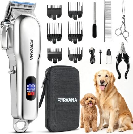 Furvana Set of 15 Dog Clippers for Grooming, Professional Dog Grooming Kit with 10W High-Torque Motor, Stainless Steel Blade, 6 Guide Combs, 49dB Quiet, 2000mAh, Corded & Cordless