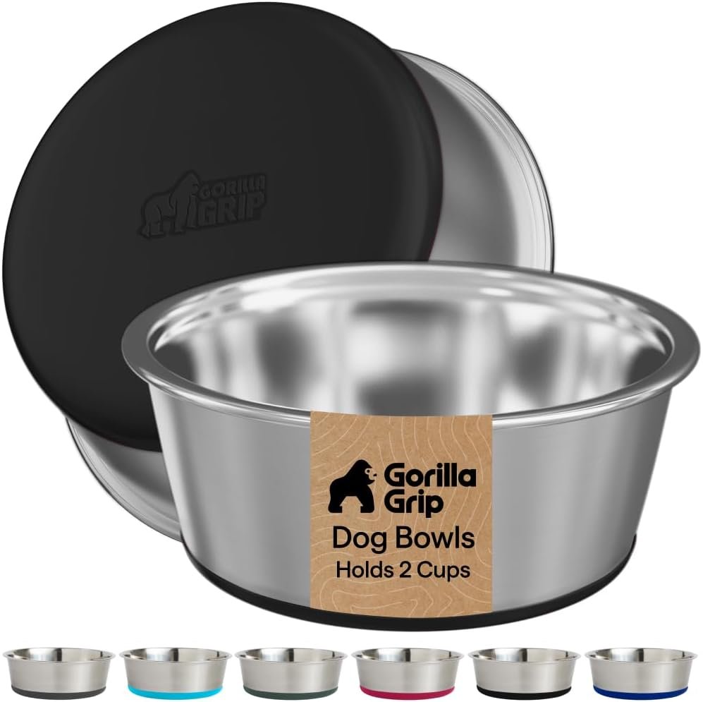 GORILLA GRIP Dog Bowl Set, Food Grade 304 Stainless Steel, 2 Cup, Black GORILLA GRIP Dog Bowl Set, Food Grade 304 Stainless Steel, 2 Cup, Black