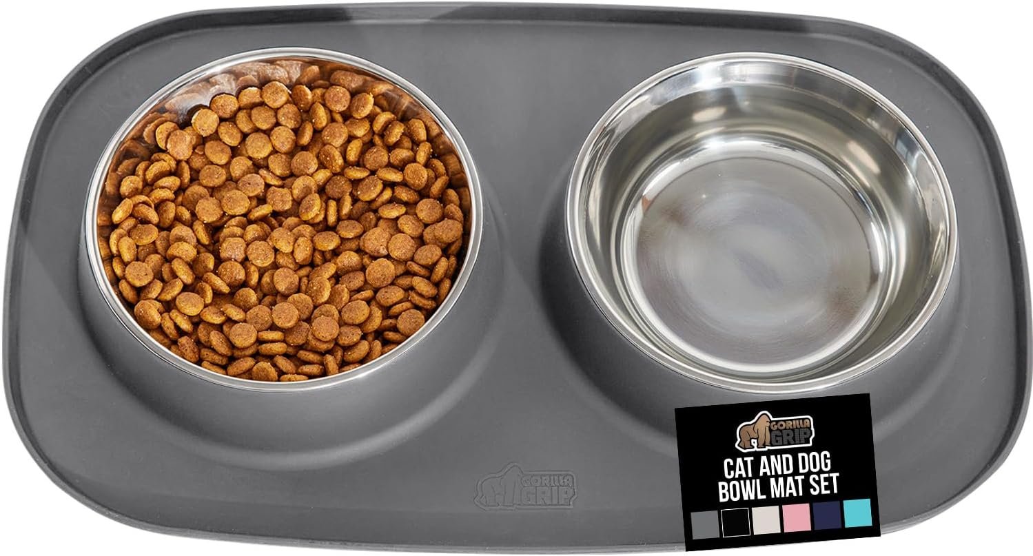 GORILLA GRIP Dog Bowl Set with Feeding Mat, 304 Stainless Steel, 1 Cup Gray GORILLA GRIP Dog Bowl Set with Feeding Mat, 304 Stainless Steel, 1 Cup Gray