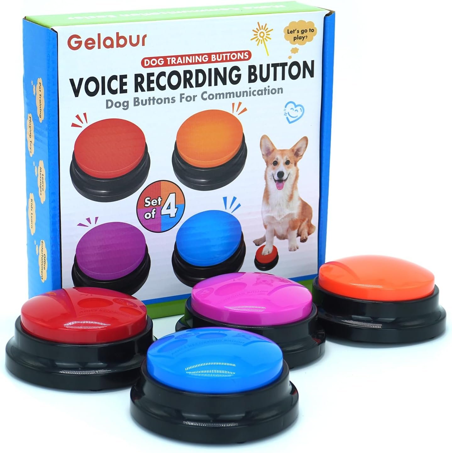 Gelabur Set of 4 Dog Buttons for Communication, Voice Recordable Buttons for Classroom, Dog Training Talking Buttons Starter Set, Pet Easy Speaking Buttons Tools Gelabur Set of 4 Dog Buttons for Communication, Voice Recordable Buttons for Classroom, Dog Training Talking Buttons Starter Set, Pet Easy Speaking Buttons Tools