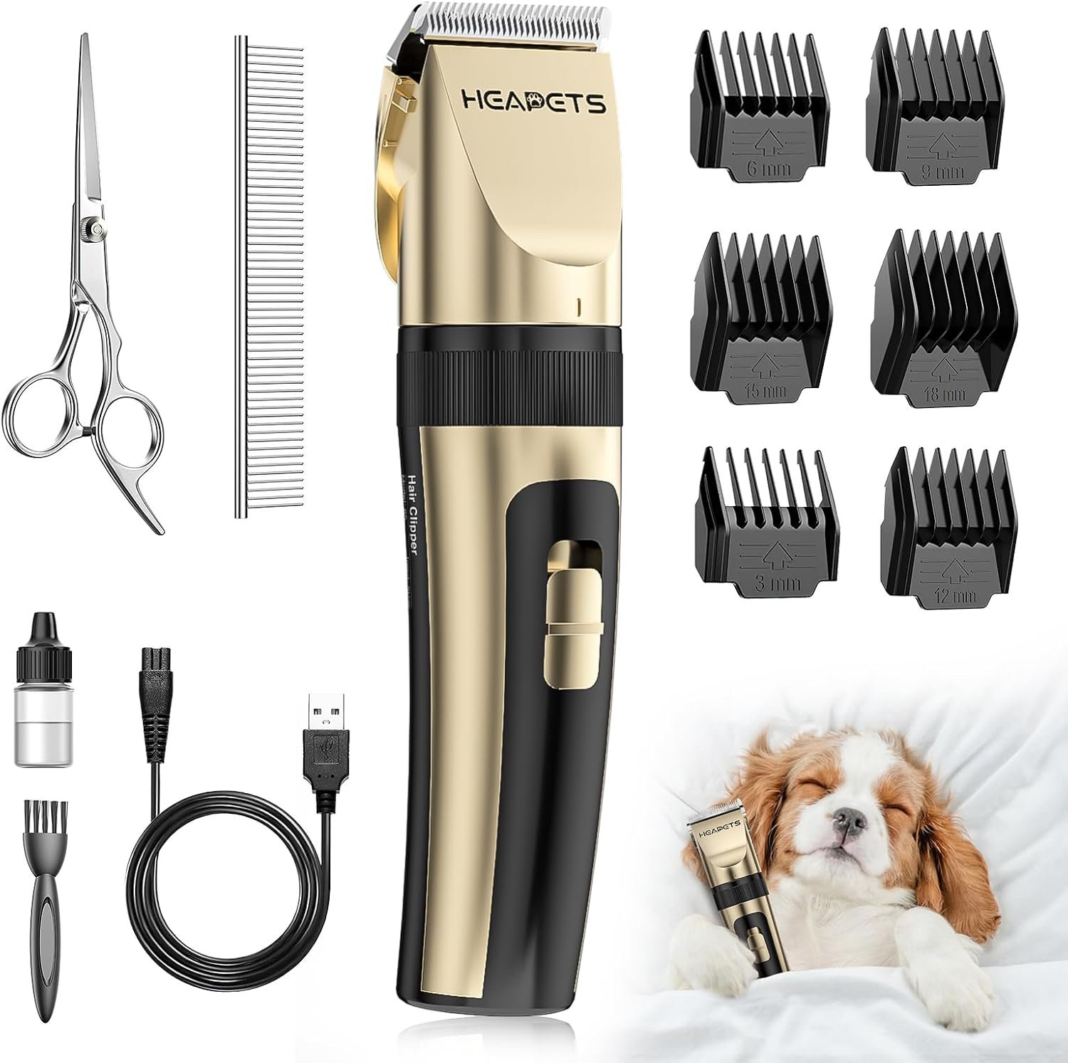 HEAPETS Dog Grooming Clippers, Low Noise, Electric Quiet, Adjustable Clipper Comb, Rechargeable Cordless Dog Hair Clippers for Dogs Cats Pets, Gold HEAPETS Dog Grooming Clippers, Low Noise, Electric Quiet, Adjustable Clipper Comb, Rechargeable Cordless Dog Hair Clippers for Dogs Cats Pets, Gold