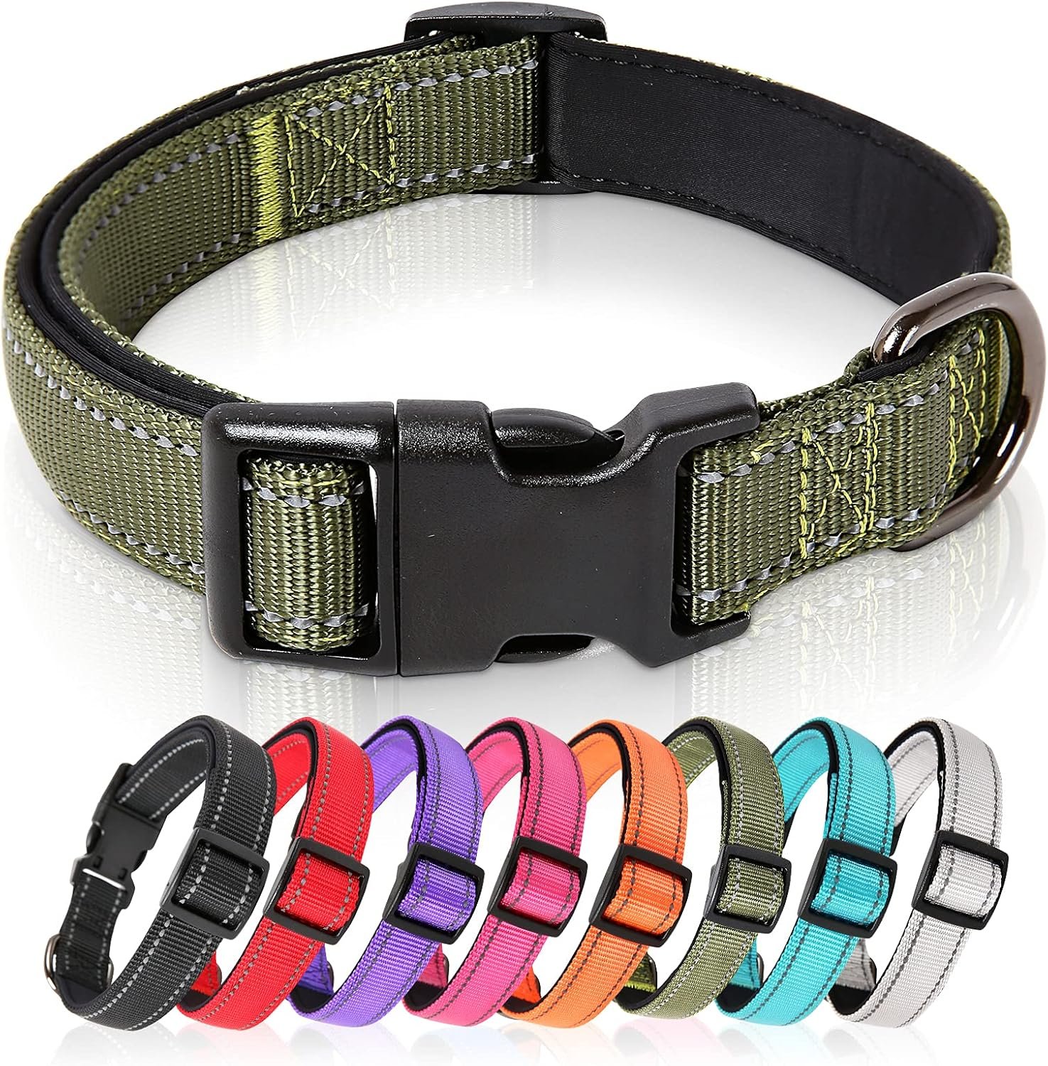 HEELE Dog Collar, Reflective Dog Collar, Soft Neoprene Padded Breathable Nylon Pet Collar Adjustable for Medium Dogs, Army Green, M(13.38-20.47″) HEELE Dog Collar, Reflective Dog Collar, Soft Neoprene Padded Breathable Nylon Pet Collar Adjustable for Medium Dogs, Army Green, M(13.38-20.47″)