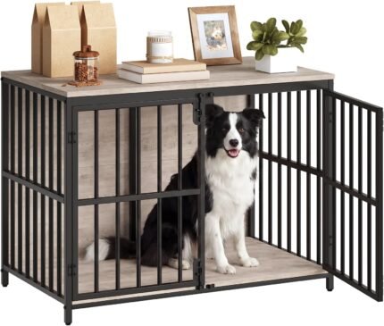 HOOBRO 38.6″ Dog Crate Furniture, Wooden Dog Kennel Indoor, Heavy Duty Dog Cage for Small/Medium Dog, Decorative Side End Table, Greige BG100GW03