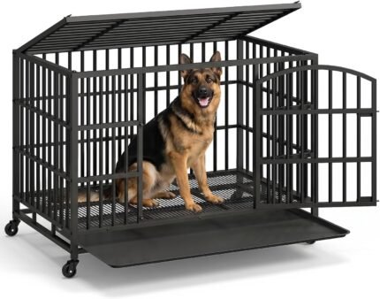 HOOBRO 48-Inch Heavy Duty Dog Crate, Sturdy Dog Crates for Large Dogs, XL Dog Crate with 2 Doors, Metal Dog Cage with Double Doors, Lockable Wheels & Removable Tray, Black BK75GW03