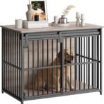 HOOBRO Dog Crate Furniture, 36.6″ Heavy Duty Dog Kennel with Sliding Barn Door, Wooden Dog Cage Indoor, Decorative Side End Table for Small/Medium Dogs, Greige and Black GY162GW03G1