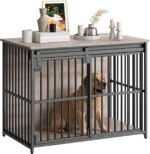 HOOBRO Dog Crate Furniture, 36.6" Heavy Duty Dog Kennel with Sliding Barn Door, Wooden Dog Cage Indoor, Decorative Side End Table for Small/Medium Dogs, Greige and Black GY162GW03G1