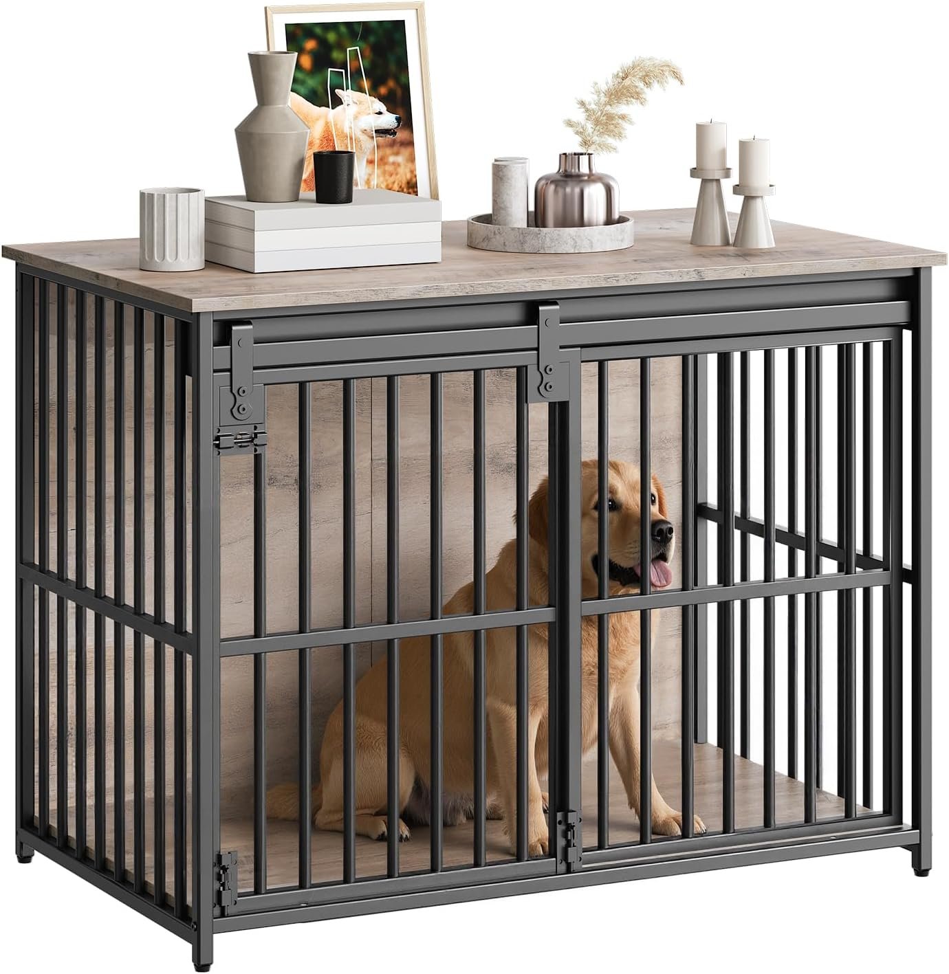 HOOBRO Dog Crate Furniture, 36.6″ Heavy Duty Dog Kennel with Sliding Barn Door, Wooden Dog Cage Indoor, Decorative Side End Table for Small/Medium Dogs, Greige and Black GY162GW03G1 HOOBRO Dog Crate Furniture, 36.6″ Heavy Duty Dog Kennel with Sliding Barn Door, Wooden Dog Cage Indoor, Decorative Side End Table for Small/Medium Dogs, Greige and Black GY162GW03G1