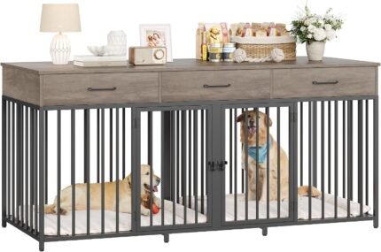 HOSTACK Double Dog Crate, 71″ W Indoor Dog Kennel Furniture for 2 Dog, Grey