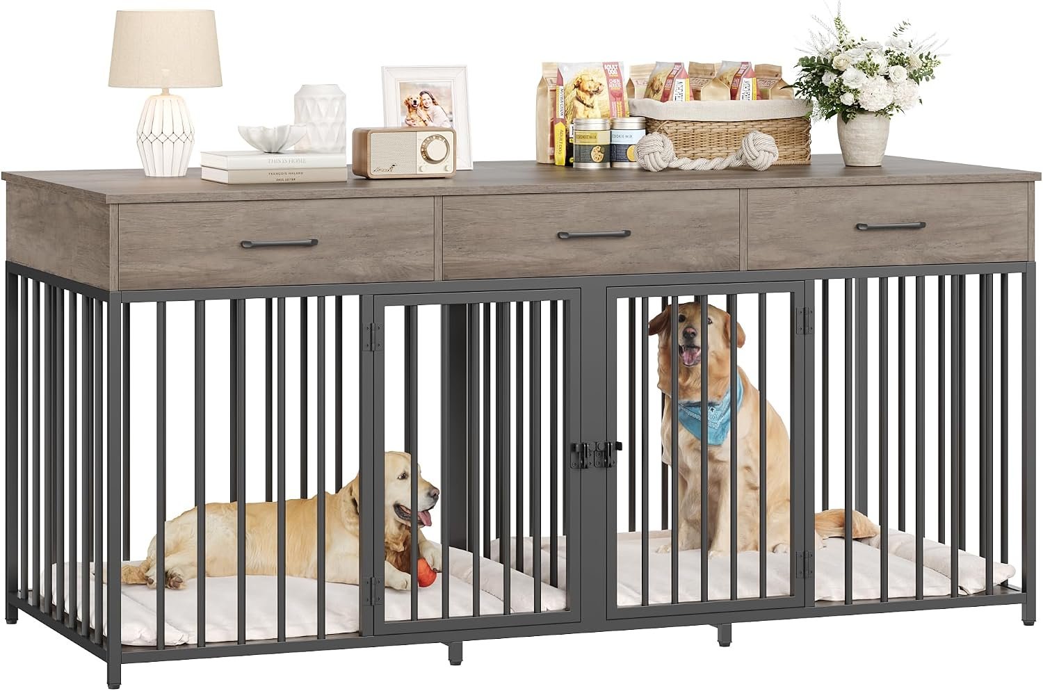 HOSTACK Double Dog Crate, 71″ W Indoor Dog Kennel Furniture for 2 Dog, Grey HOSTACK Double Dog Crate, 71″ W Indoor Dog Kennel Furniture for 2 Dog, Grey