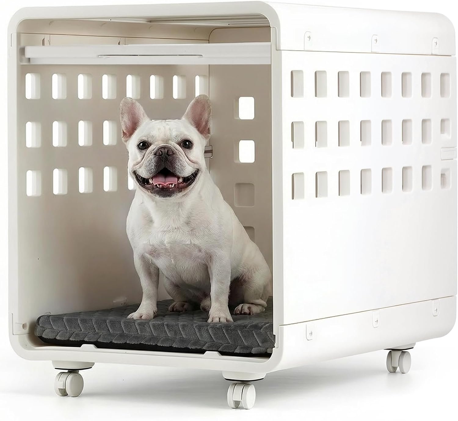 Haven Dog Crate – Open-View Indoor Furniture Dog Crate for Small Dogs, Easy-Clean HDPE, Clear Panels, Wheels & Cushion Included, Warm White, Modern Rest Space Designed to Stay Out Haven Dog Crate – Open-View Indoor Furniture Dog Crate for Small Dogs, Easy-Clean HDPE, Clear Panels, Wheels & Cushion Included, Warm White, Modern Rest Space Designed to Stay Out