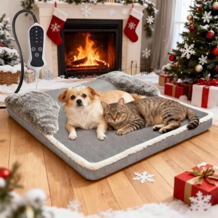 Heated Dog Bed 20x20 Inch Plush Dog Mattress with 9-Level Adjustable Settings, Removable Machine-Washable Cover, Non-Slip Bottom, Gray