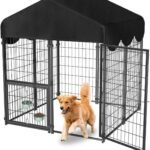 Heavy Duty Dog Kennel Outdoor, Covered Dog Kennels Outside with Roof, 4×4.2×4.5FT Large Dog Enclosure Adjustable Feeder Door, Playpen Fence for Yard