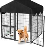 Heavy Duty Dog Kennel Outdoor, Covered Dog Kennels Outside with Roof, 4x4.2x4.5FT Large Dog Enclosure Adjustable Feeder Door, Playpen Fence for Yard