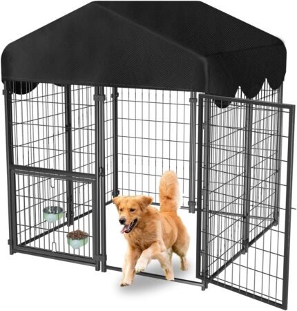Heavy Duty Dog Kennel Outdoor, Covered Dog Kennels Outside with Roof, 4×4.2×4.5FT Large Dog Enclosure Adjustable Feeder Door, Playpen Fence for Yard