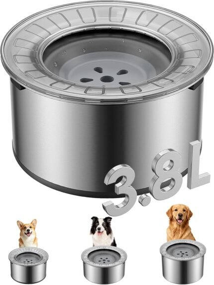 Heouvo 1 Gallon No Spill Dog Water Bowl with Slow Drink Floating Disk(Gray)
