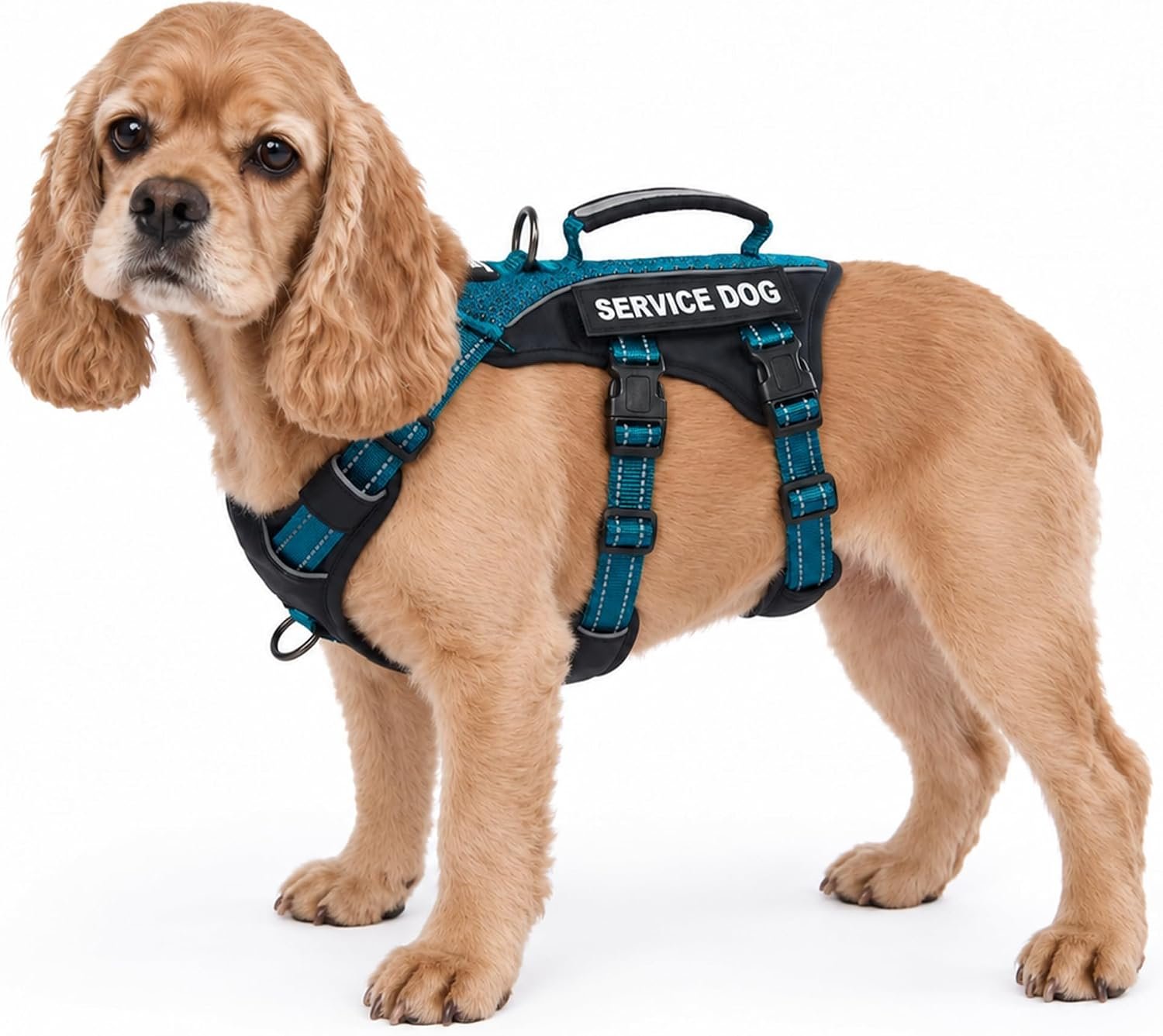 Huntboo Escape Proof Dog Harness, Service Dog Vest Harness with 6 Patches, No-Pull, Reflective Harness with Handle, Adjustable for Small to Large Dogs, for Training and Hiking (Teal, M) Huntboo Escape Proof Dog Harness, Service Dog Vest Harness with 6 Patches, No-Pull, Reflective Harness with Handle, Adjustable for Small to Large Dogs, for Training and Hiking (Teal, M)