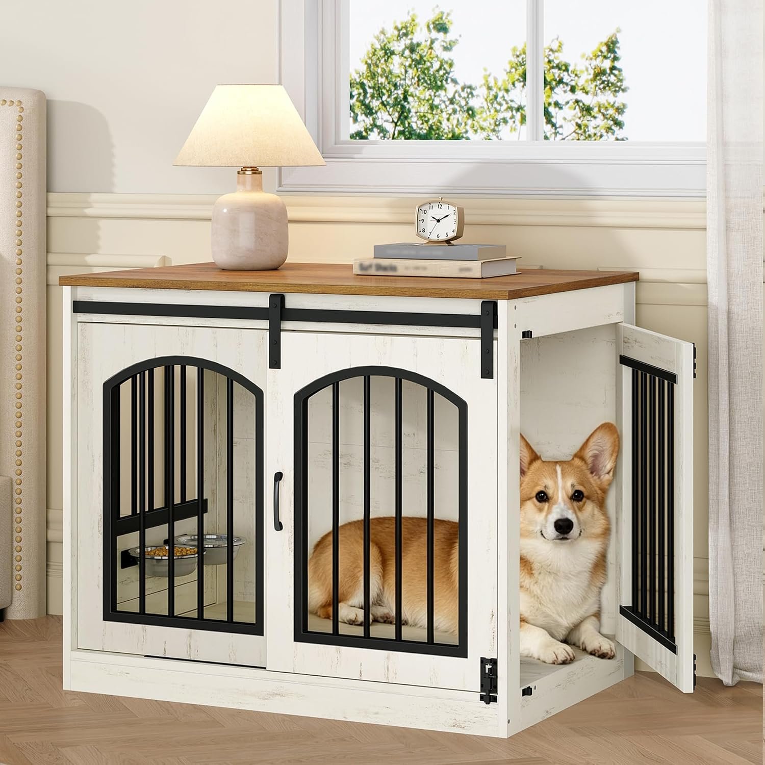 Hzuaneri 31.5 in Dog Crate Furniture Indoor Dog Kennel with 2 Feeding Bowls Hzuaneri 31.5 in Dog Crate Furniture Indoor Dog Kennel with 2 Feeding Bowls