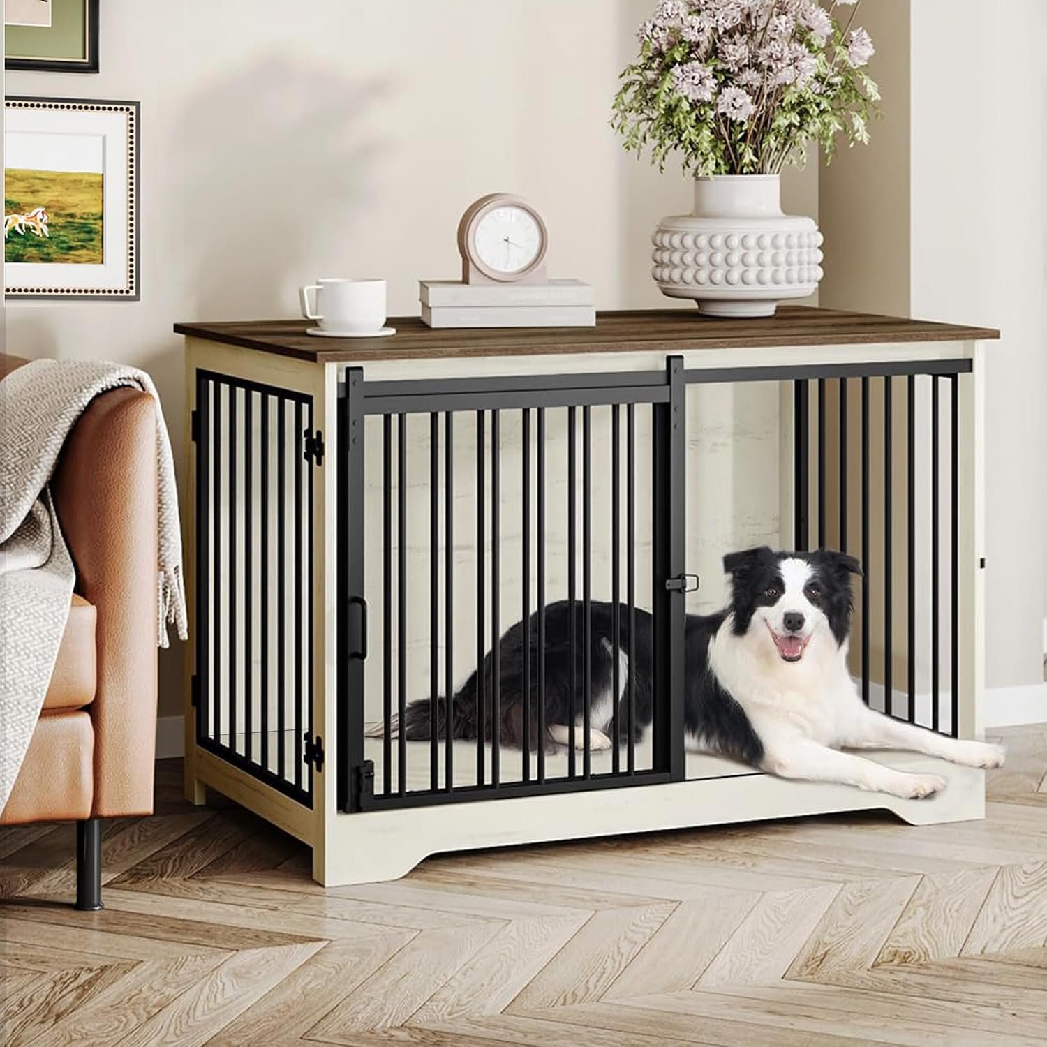 Hzuaneri 39.3″ L Dog Crate Furniture Indoor Dog Kennel with Barn Door Hzuaneri 39.3″ L Dog Crate Furniture Indoor Dog Kennel with Barn Door
