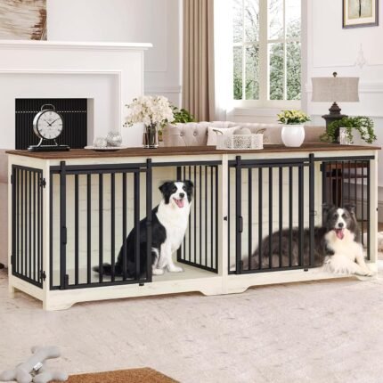 Hzuaneri 77.6 in Double Dog Crate Furniture, Dog Crates for 2 Dogs