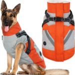 IECOii Dog Coat for Large Dogs, Orange, X-Large – Waterproof Winter Fleece Jacket with Harness, Turtleneck, Reflective Straps, Zipper Closure