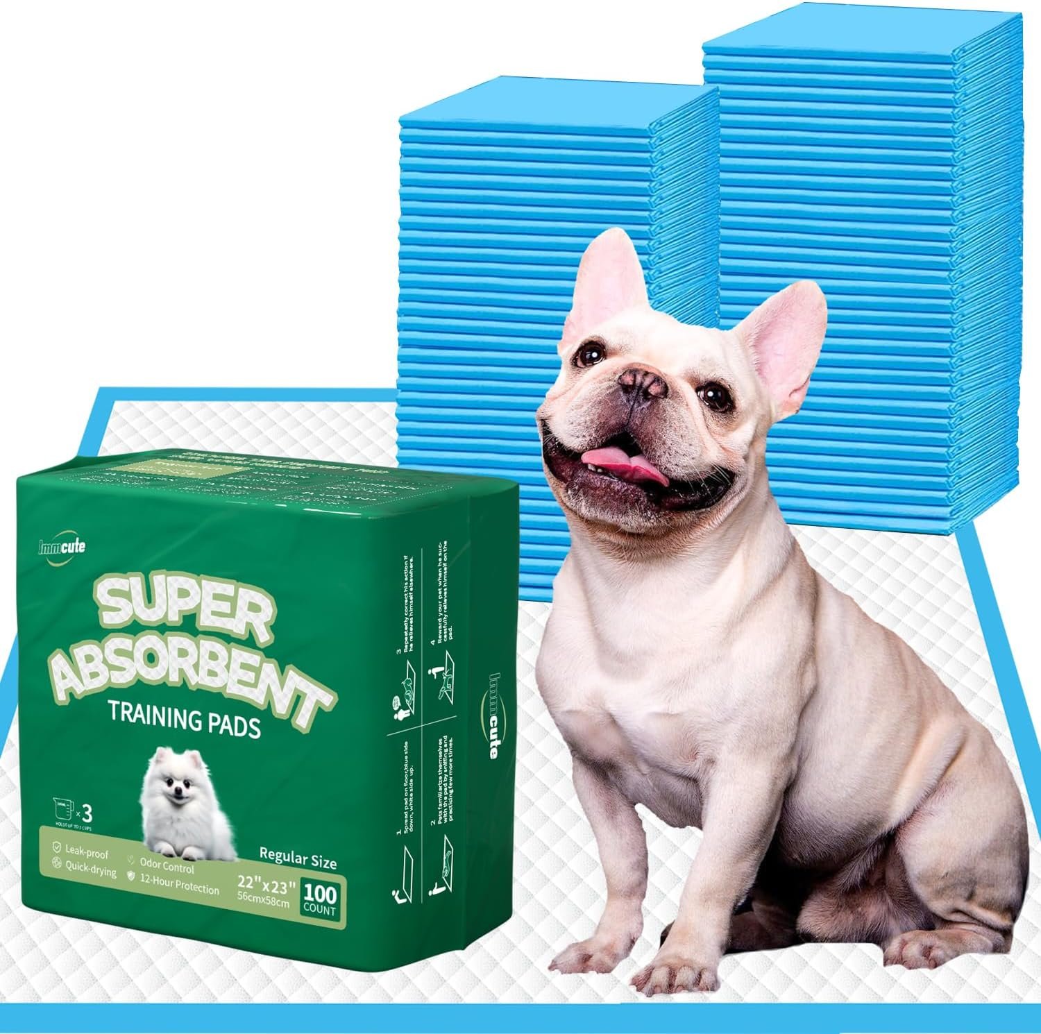 IMMCUTE Puppy Pads 22″x23″ 100 Count | 6-Layer Leak-Proof & Super Absorbent Dog Training Pads | Disposable Potty Pads for Puppies, Dogs, Cats & Rabbits | Blue & White IMMCUTE Puppy Pads 22″x23″ 100 Count | 6-Layer Leak-Proof & Super Absorbent Dog Training Pads | Disposable Potty Pads for Puppies, Dogs, Cats & Rabbits | Blue & White