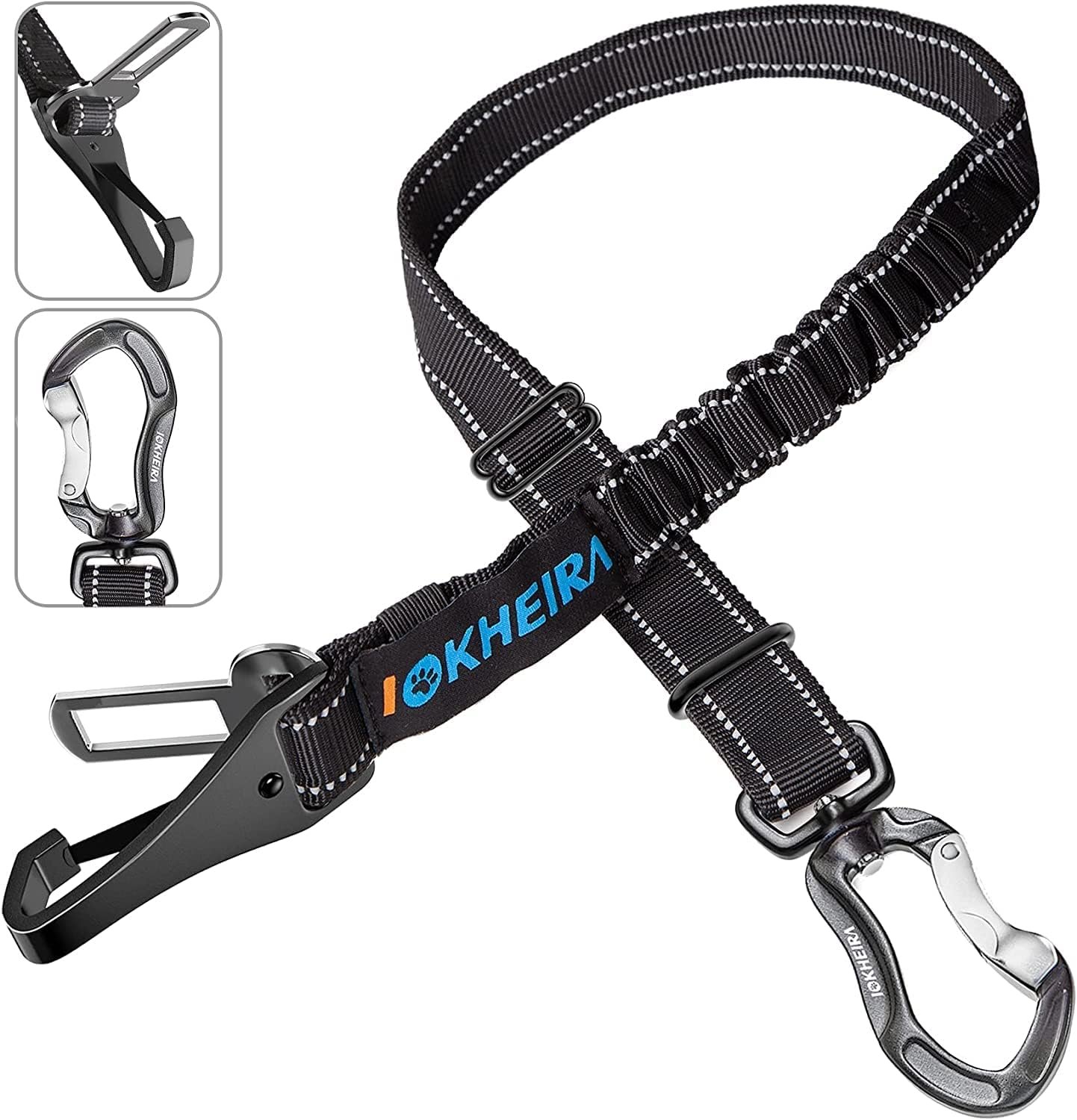 IOKHEIRA Dog Seatbelt, Updated Adjustable Harness Reflective Bungee Dog Car Seat Belt with Aviation Aluminum Alloy Rotatable Carabiner, Hook & Buckle IOKHEIRA Dog Seatbelt, Updated Adjustable Harness Reflective Bungee Dog Car Seat Belt with Aviation Aluminum Alloy Rotatable Carabiner, Hook & Buckle