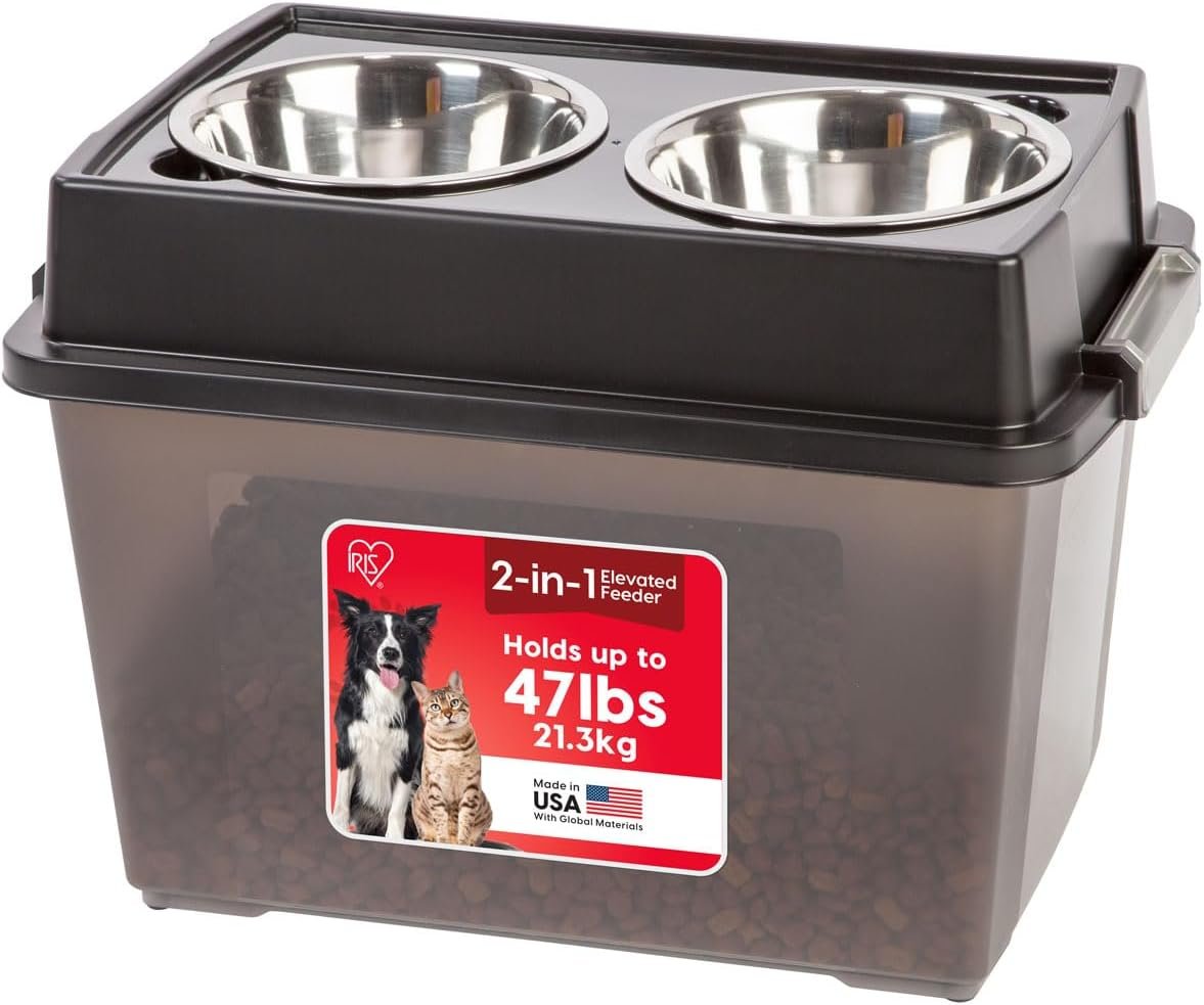 IRIS USA Elevated Dog Bowls 15″ H, up to 47 lb Storage, Smoke, Made in USA IRIS USA Elevated Dog Bowls 15″ H, up to 47 lb Storage, Smoke, Made in USA