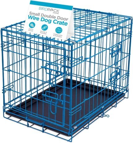 Internet's Best Double Door Steel Crates Collapsible and Foldable Wire Dog Kennel, 24 Inch (Small), Blue