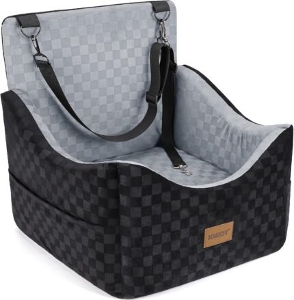 JOEJOY Elevated Dog Car Seat for Small/Medium Dogs up to 35 lbs, Memory Foam Booster Seat with Detachable Washable Cover, Travel-Safe Car Bed with Safety Belts & Storage Pockets, Grey