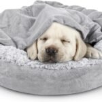JOEJOY Small Dog Bed Cat Bed with Hooded Blanket, Cozy Cuddler Luxury Puppy Pet Bed, Donut Round Calming Anti-Anxiety Dog Burrow Cave Bed – Anti-Slip Bottom and Machine Washable 23 inch
