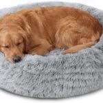 JOLLYVOGUE Calming Dog Beds Large Sized Dog, 36in Donut Washable Large Pet Bed, Anti-Slip & Anti-Anxiety Fluffy Faux Fur Round Dogs Bed, Fits up to 80 lbs Pets (Smoke Grey)