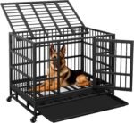 JY QAQA Heavy Duty Dog Crate, 38 Inch Indestructible Metal Kennel with Double Doors, Escape Proof Cage for Large Dogs with Removable Tray & Lockable Wheels