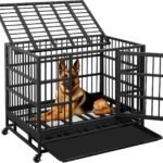 JY QAQA Heavy Duty Dog Crate, 38 Inch Indestructible Metal Kennel with Double Doors, Escape Proof Cage for Large Dogs with Removable Tray & Lockable Wheels