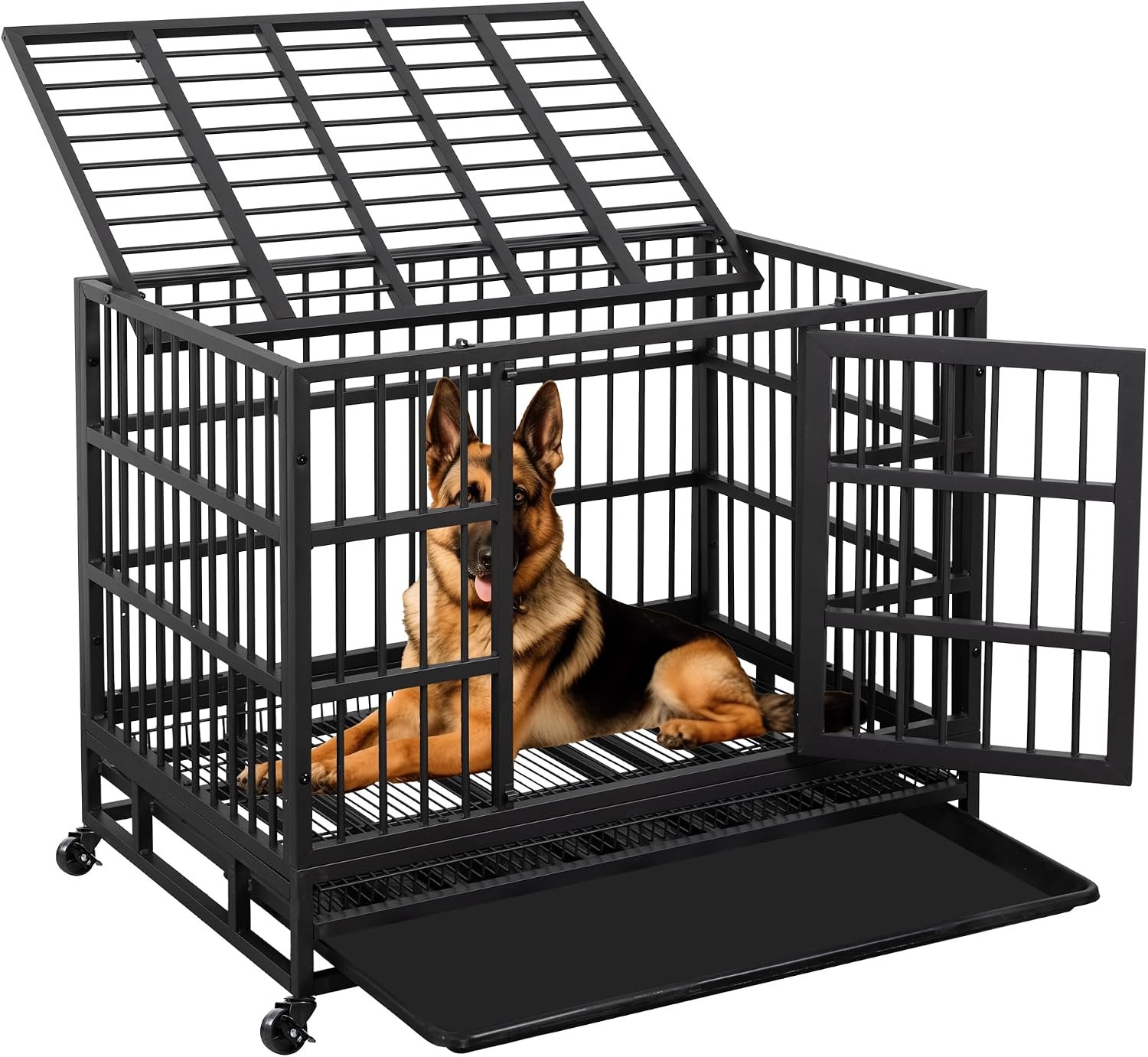JY QAQA Heavy Duty Dog Crate, 38 Inch Indestructible Metal Kennel with Double Doors, Escape Proof Cage for Large Dogs with Removable Tray & Lockable Wheels JY QAQA Heavy Duty Dog Crate, 38 Inch Indestructible Metal Kennel with Double Doors, Escape Proof Cage for Large Dogs with Removable Tray & Lockable Wheels