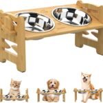 Jovrun Elevated Dog Bowls, Adjustable Raised Dog Bowl Stand for Small Size Dogs and Cats, 15°Tilted Elevated Cat Bowls, Durable Bamboo Dogs Feeder with 2 Stainless Steel Bowls and Non-Slip Feet