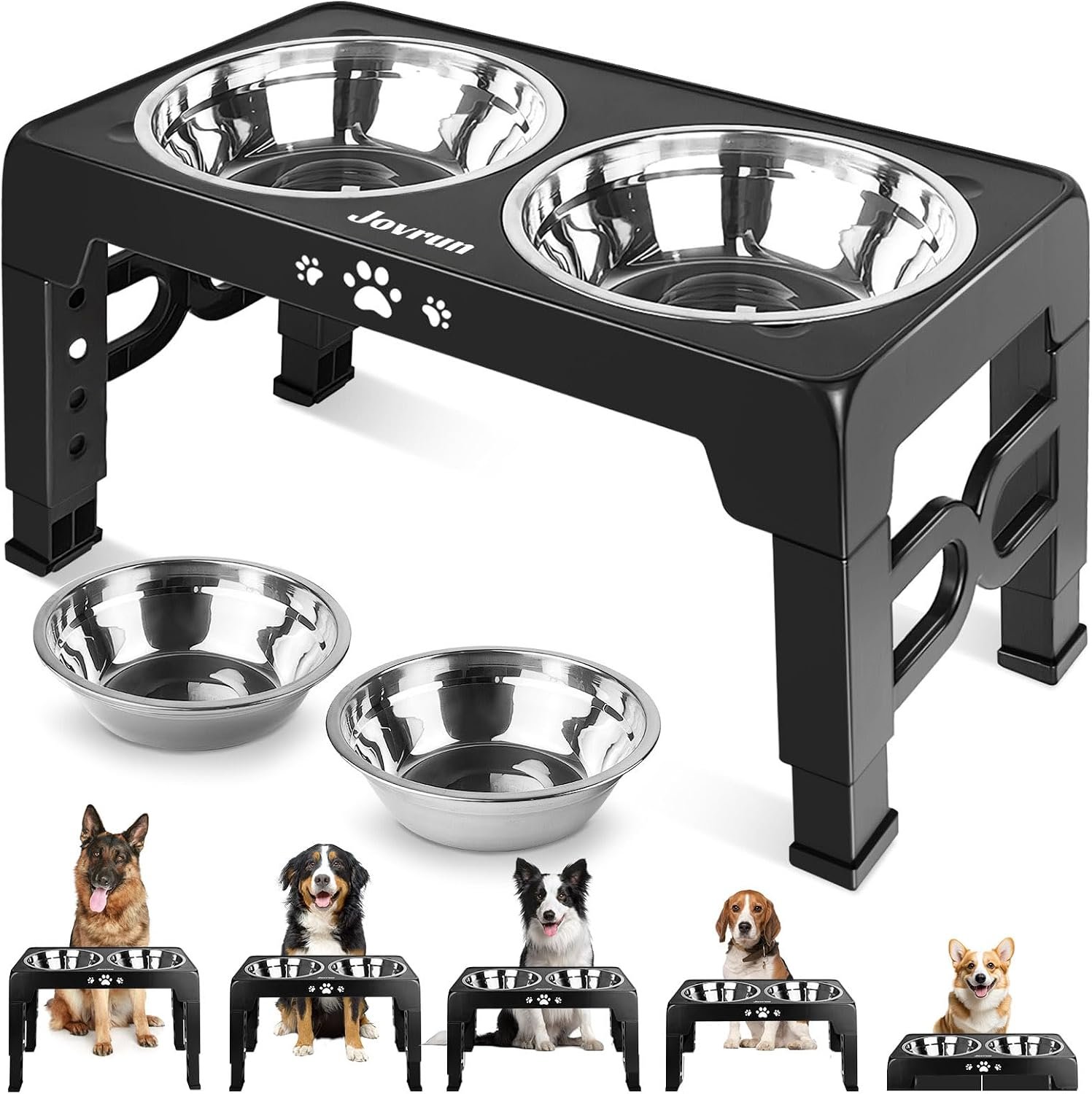 Jovrun Elevated Dog Bowls for Medium Large Size Dogs, Non-Slip Dog Feeder with 2 Stainless Steel Dishes, 5 Heights Adjustable Raised Bowls to 3.15″-8.66″-9.84″-11.02″-12.2″ Jovrun Elevated Dog Bowls for Medium Large Size Dogs, Non-Slip Dog Feeder with 2 Stainless Steel Dishes, 5 Heights Adjustable Raised Bowls to 3.15″-8.66″-9.84″-11.02″-12.2″