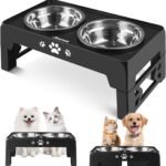 Jovrun Elevated Dog Bowls for Small Dogs and Cats, Non-Slip Cat Bowls with 2 Thick 5.5″ Stainless Steel Dishes, Dog Feeder 2 Heights Adjustable to 2.6″-5.3″