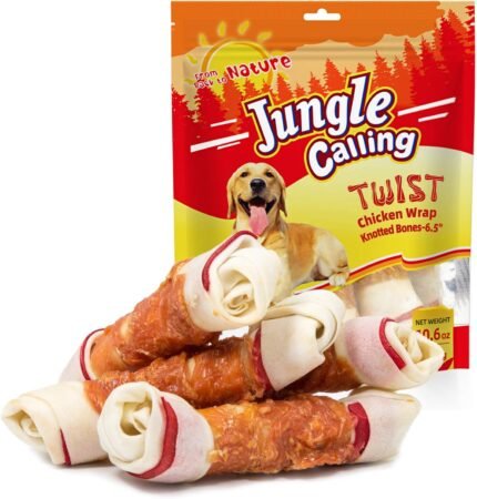 Jungle Calling Chicken Wrapped Rawhide Knot Bones, Long Lasting Dog Chews