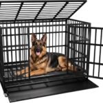KOKOTANGS 48 Inch Heavy Duty Dog Crate Cage with Wheels, Indestructible and Escape Proof Steel Kennel Indoor for High Anxiety Dogs with Sturdy Locks, Double Door and Tray, Extra Large XL XXL, Black