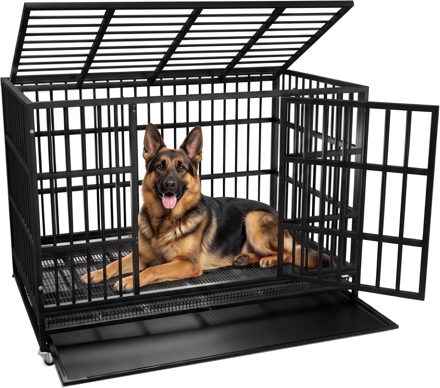 KOKOTANGS 48 Inch Heavy Duty Dog Crate Cage with Wheels, Indestructible and Escape Proof Steel Kennel Indoor for High Anxiety Dogs with Sturdy Locks, Double Door and Tray, Extra Large XL XXL, Black KOKOTANGS 48 Inch Heavy Duty Dog Crate Cage with Wheels, Indestructible and Escape Proof Steel Kennel Indoor for High Anxiety Dogs with Sturdy Locks, Double Door and Tray, Extra Large XL XXL, Black