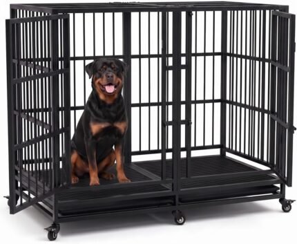 KOKOTANGS 54 Inch Heavy Duty Dog Crate Cage with Divider, Indestructible and Escape Proof Steel Kennel Indoor for High Anxiety Dogs with Sturdy Locks, Double Door and Tray, Extra Large XL XXL, Black