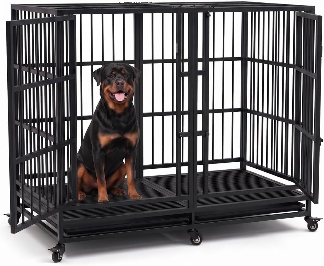 KOKOTANGS 54 Inch Heavy Duty Dog Crate Cage with Divider, Indestructible and Escape Proof Steel Kennel Indoor for High Anxiety Dogs with Sturdy Locks, Double Door and Tray, Extra Large XL XXL, Black KOKOTANGS 54 Inch Heavy Duty Dog Crate Cage with Divider, Indestructible and Escape Proof Steel Kennel Indoor for High Anxiety Dogs with Sturdy Locks, Double Door and Tray, Extra Large XL XXL, Black