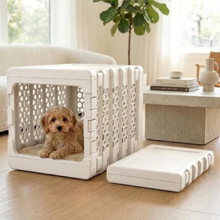 KindTail PAWD Collapsible Dog Crate, Portable Indoor Outdoor Kennel for Dogs 15–25 lbs, French Bulldog, Dachshund, Maltese, Pomeranian, Medium, 26" L x 20" W x 21" H, 12 lbs, White