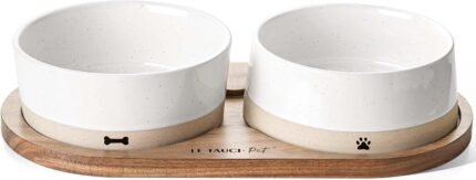 LE TAUCI PET Ceramic Dog Bowl Set with Acacia Wood Tray, 3.2 Cup Food Bowl + 29 oz Water Bowl, Weighted Non-Slip Feeding Station for Medium and Small Dogs