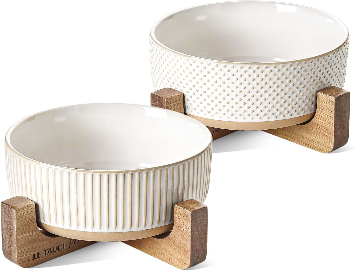 LE TAUCI PET Ceramic Dog Bowls for Medium Large Dogs – 5 Cup Large Dog Food and Water Bowls with Wood Stand, Cute Pet Dishes Set of 2, Lines+Dot LE TAUCI PET Ceramic Dog Bowls for Medium Large Dogs – 5 Cup Large Dog Food and Water Bowls with Wood Stand, Cute Pet Dishes Set of 2, Lines+Dot