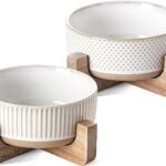 LE TAUCI PET Ceramic Dog Bowls for Medium Small Dogs – 4 Cup Medium Dog Food and Water Bowls with Wood Stand, Cute Pet Dishes Set of 2, Lines+Dot