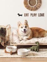LE TAUCI PET Ceramic Dog Bowls for Medium Small Dogs - 4 Cup Medium Dog Food and Water Bowls with Wood Stand, Cute Pet Dishes Set of 2, Lines+Dot - Image 2