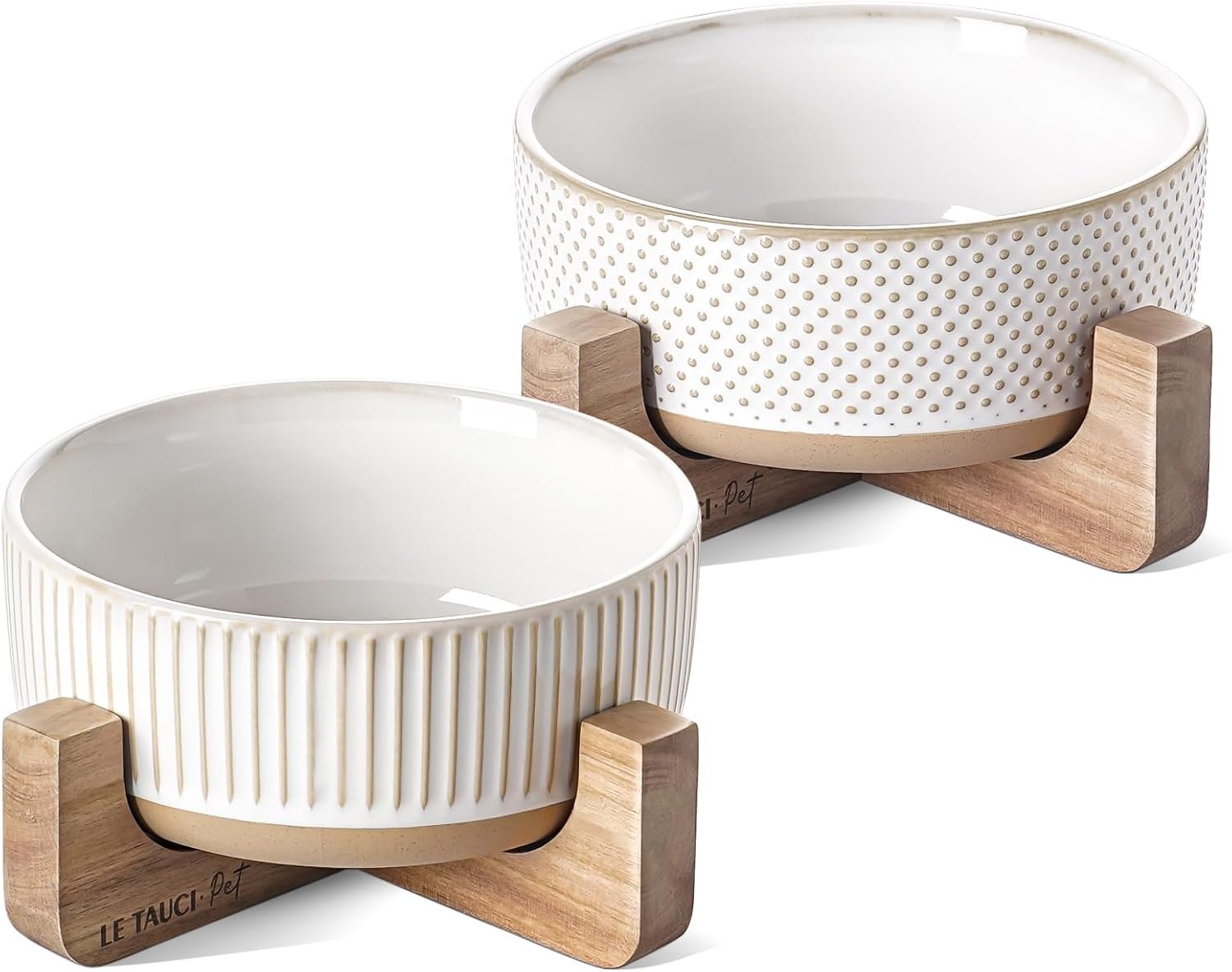 LE TAUCI PET Ceramic Dog Bowls for Medium Small Dogs – 4 Cup Medium Dog Food and Water Bowls with Wood Stand, Cute Pet Dishes Set of 2, Lines+Dot LE TAUCI PET Ceramic Dog Bowls for Medium Small Dogs – 4 Cup Medium Dog Food and Water Bowls with Wood Stand, Cute Pet Dishes Set of 2, Lines+Dot