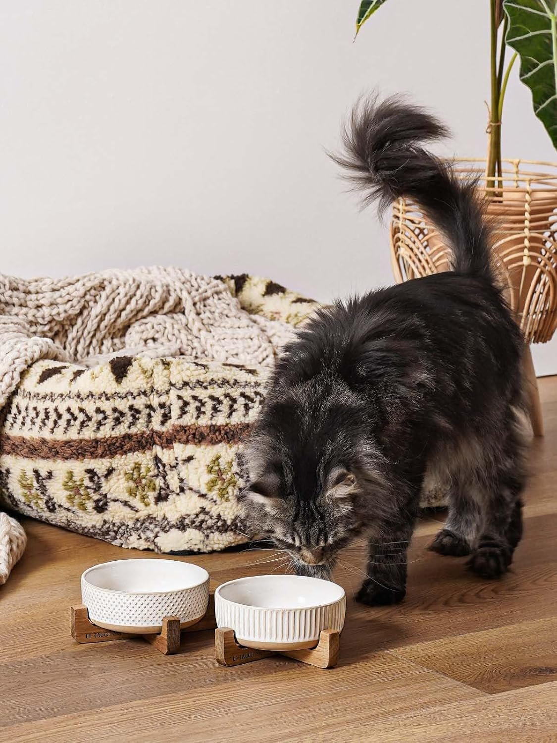LE TAUCI PET Ceramic Dog and Cat Bowl Set with Acacia Wood Stand – 2 Cup Weighted Non-Slip Food and Water Bowls for Small Dogs & Cats, Lines + Dot LE TAUCI PET Ceramic Dog and Cat Bowl Set with Acacia Wood Stand – 2 Cup Weighted Non-Slip Food and Water Bowls for Small Dogs & Cats, Lines + Dot